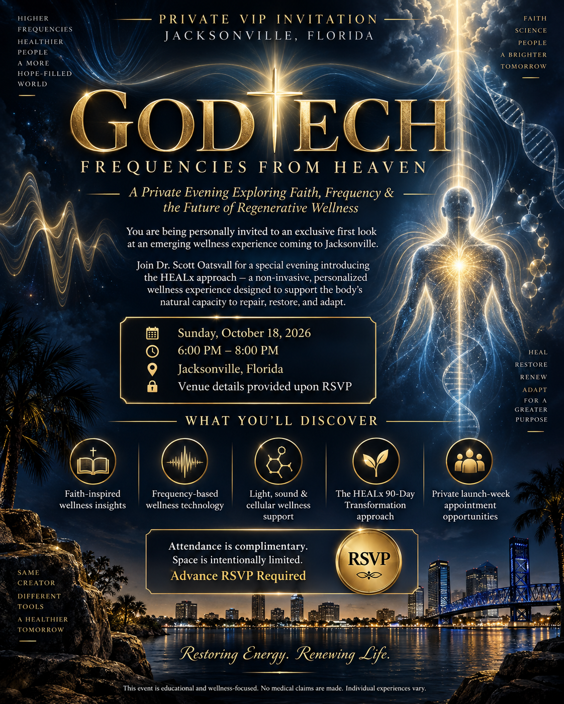 GODTECH VIP invitation artwork featuring heavenly light, human energy, DNA, frequency waves and the Jacksonville skyline